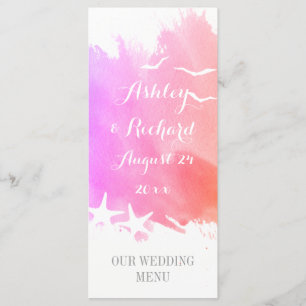Pink watercolor, starfish beach wedding menu