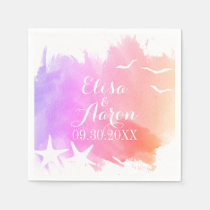 Pink watercolor, starfish summer beach wedding napkin