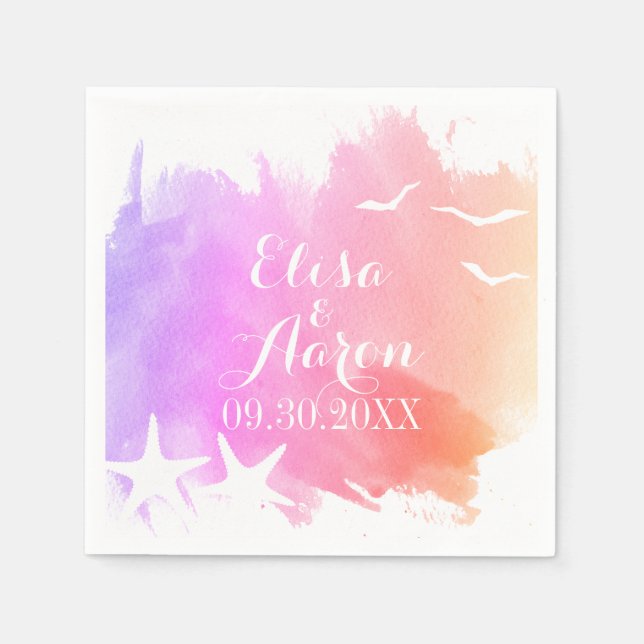 Pink watercolor, starfish summer beach wedding napkin (Front)
