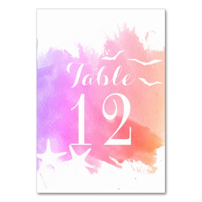 Pink watercolor, starfish wedding table number (Front)