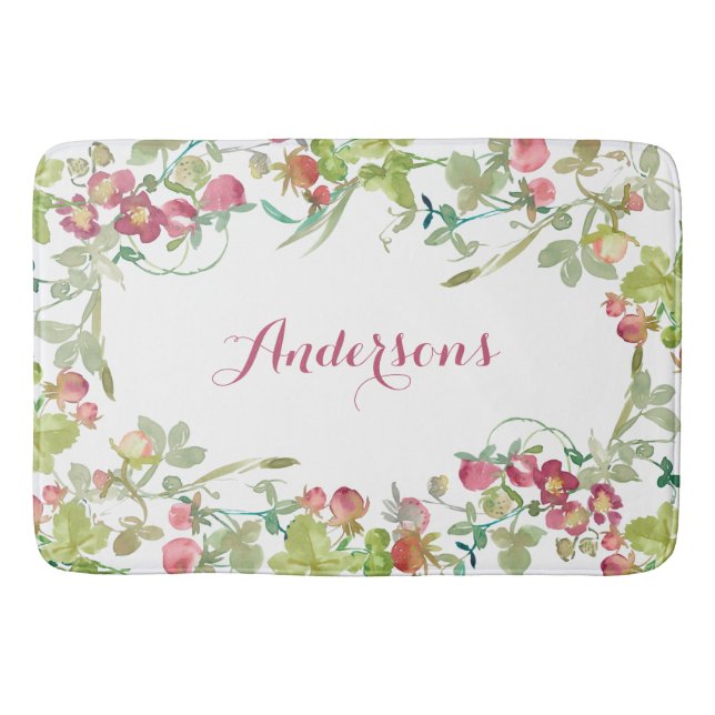 Pink Watercolor Strawberry  Bath Mat (Front)