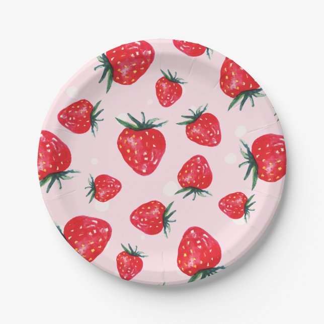 Pink watercolor strawberry plate (Front)