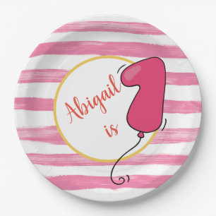 Pink Watercolor Stripe 1st Birthday Balloon  Paper Plate