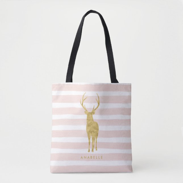 Pink Watercolor Stripes and Faux Gold Deer Tote Bag (Front)