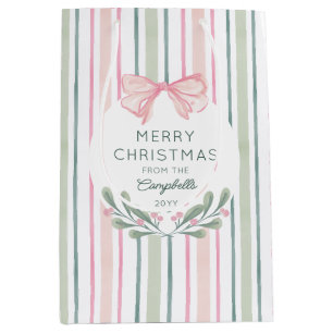 Pink Watercolor Stripes Bow Merry Christmas Medium Gift Bag