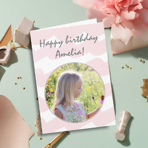 Pink Watercolor Stripes Girly Girl Photo Birthday Card
