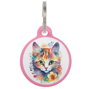 Pink Watercolor Style Floral Kitten Pet Tag