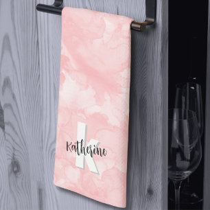Pink Watercolor Stylish Monogram Tea Towel