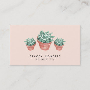 Pink Watercolor Succulent Plant House Pet Sitter Business Card
