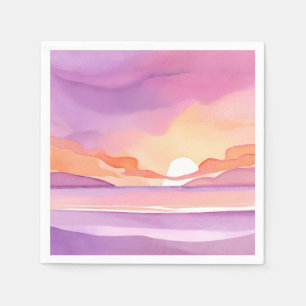 Pink Watercolor Sunset Beautiful Ocean Sky Napkin