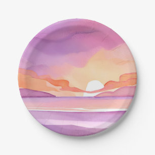 Pink Watercolor Sunset Beautiful Ocean Sky Paper Plate