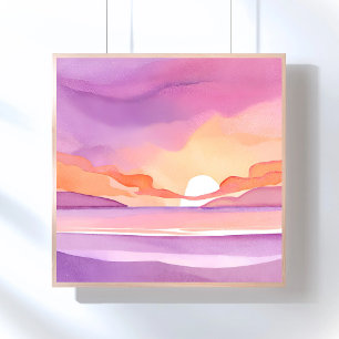 Pink Watercolor Sunset   Beautiful Ocean Sky Poster