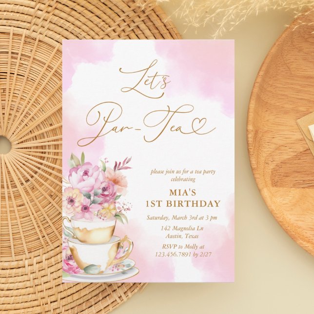 Pink Watercolor Tea Party 1st Birthday Invitation (Creator Uploaded)