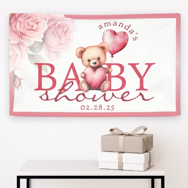 Pink Watercolor Teddy Bear Baby Shower Banner (Creator Uploaded)