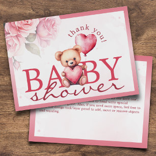 Pink Watercolor Teddy Bear Baby Shower Flat Thank You Card