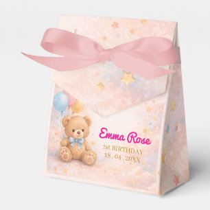 Pink Watercolor Teddy Bear Girl 1st Birthday Favour Box