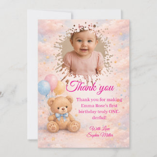 Pink Watercolor Teddy Bear Girl 1st Birthday Photo Thank You Card