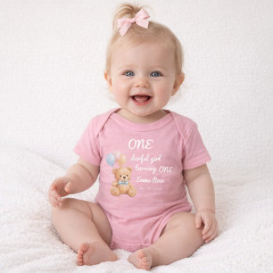 Pink Watercolor Teddy Bear Girl's 1st Birthday Baby Bodysuit