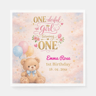 Pink Watercolor Teddy Bear Girl's 1st Birthday Napkin