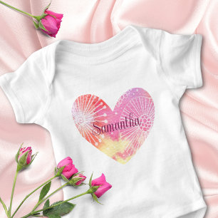 Pink Watercolor Tie-Dye Heart Girl Name Baby Bodysuit