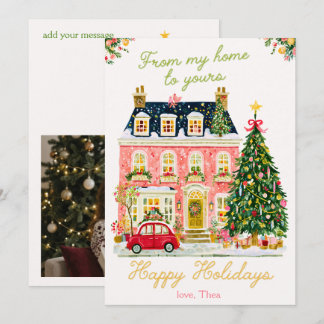 Pink Watercolor Townhouse Merry Christmas Photo Holiday Card