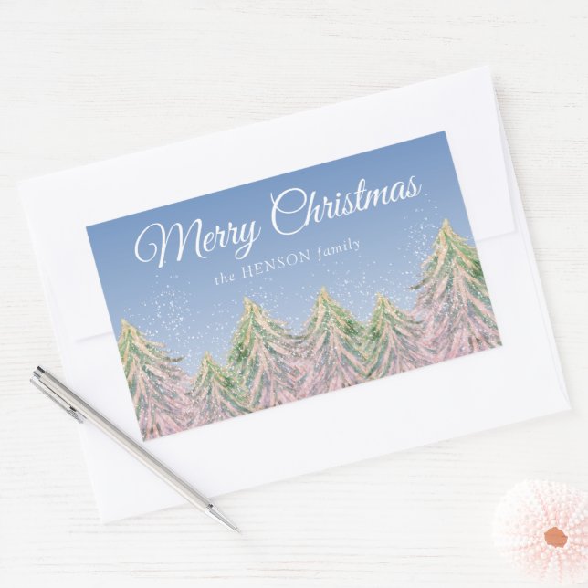 Pink Watercolor Trees Forest Artistic Christmas Rectangular Sticker (Envelope)