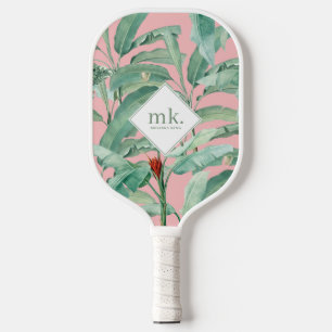 Pink Watercolor Tropical Banana Leaves Monogrammed Pickleball Paddle