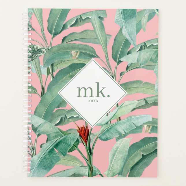 Pink Watercolor Tropical Banana Leaves Monogrammed Planner (Front)