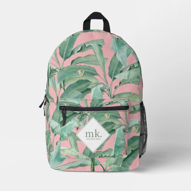 Pink Watercolor Tropical Banana Leaves Monogrammed Printed Backpack (Front)