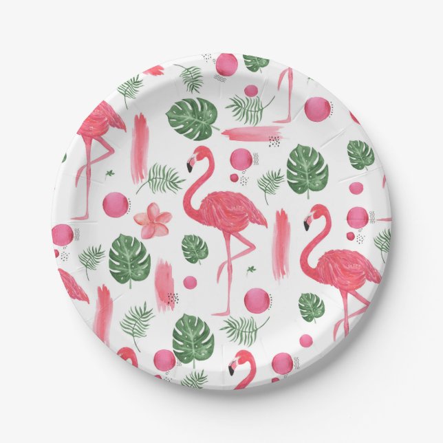 Pink watercolor tropical elegant flamingo floral paper plate (Front)