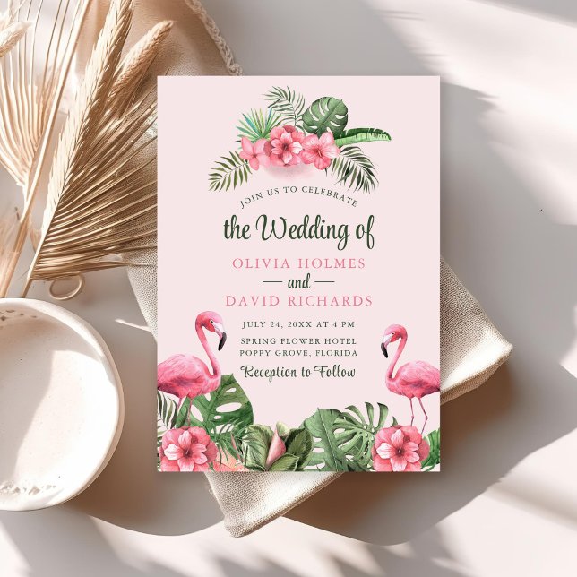 Pink Watercolor Tropical Flamingo Wedding Invitation (Pink Watercolor Tropical Flamingo Wedding Invitation on sunny table with dry palm leaf.)