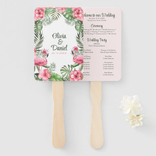 Pink Watercolor Tropical Flamingo Wedding Program Hand Fan