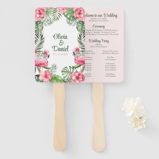Pink Watercolor Tropical Flamingo Wedding Program Hand Fan (Front and Back)