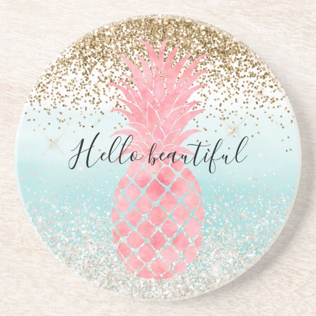 Pink Watercolor Tropical Pineapple Aqua Ombre gold Coaster (Front)