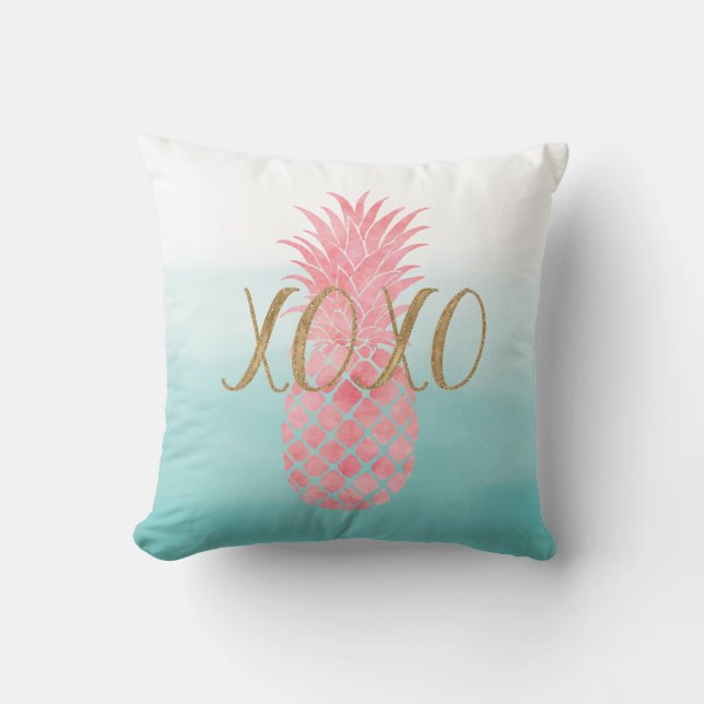 Pink Watercolor Tropical Pineapple Cushion (Front)