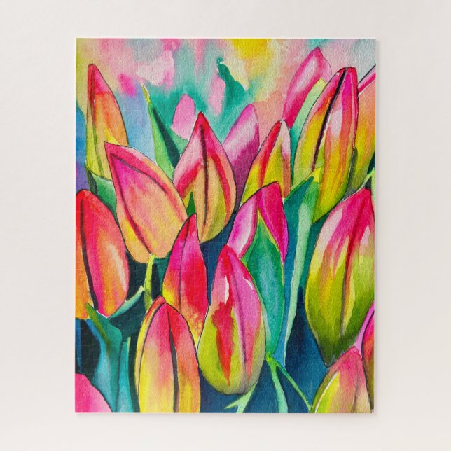 Pink watercolor tulips art jigsaw puzzle (Vertical)