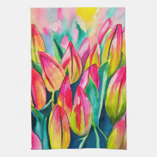 Pink watercolor tulips art tea towel