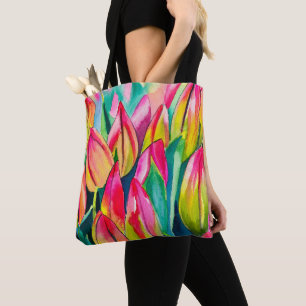 Pink watercolor tulips art tote bag