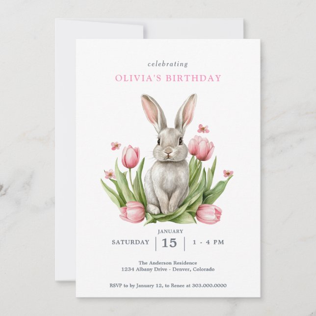 Pink Watercolor Tulips Bunny Rabbit Invitation (Front)