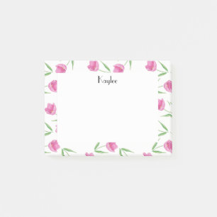 Pink Watercolor Tulips Pattern Personalised Post-it Notes
