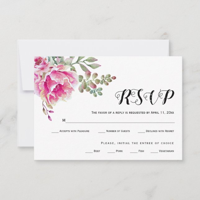Pink watercolor typography wedding RSVP card (Front)