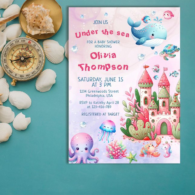 Pink Watercolor Under The Sea Girl Baby Shower Invitation (Creator Uploaded)