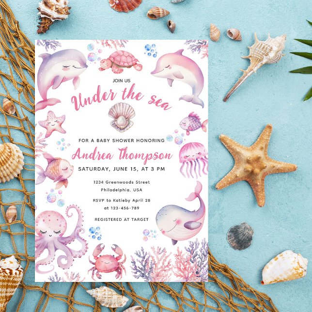 Pink Watercolor Under The Sea Girl Baby Shower Invitation (Creator Uploaded)