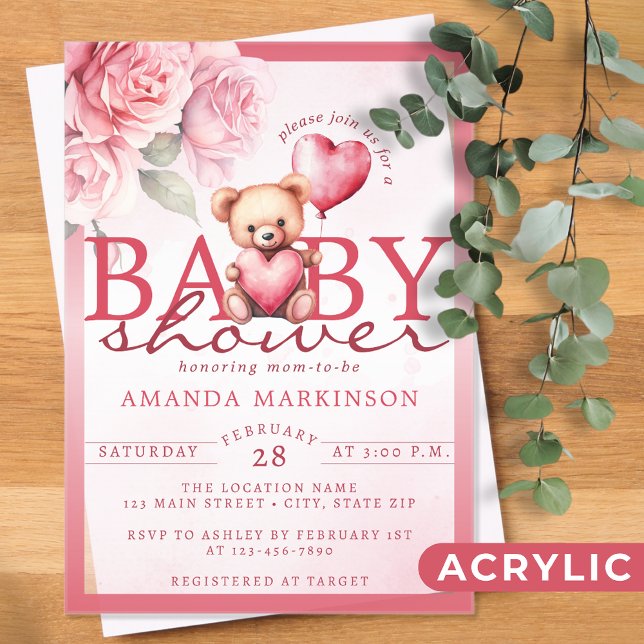Pink Watercolor Valentine Teddy Bear Baby Shower Acrylic Invitations (Creator Uploaded)