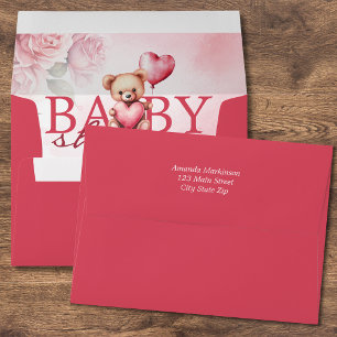 Pink Watercolor Valentine Teddy Bear Baby Shower Envelope