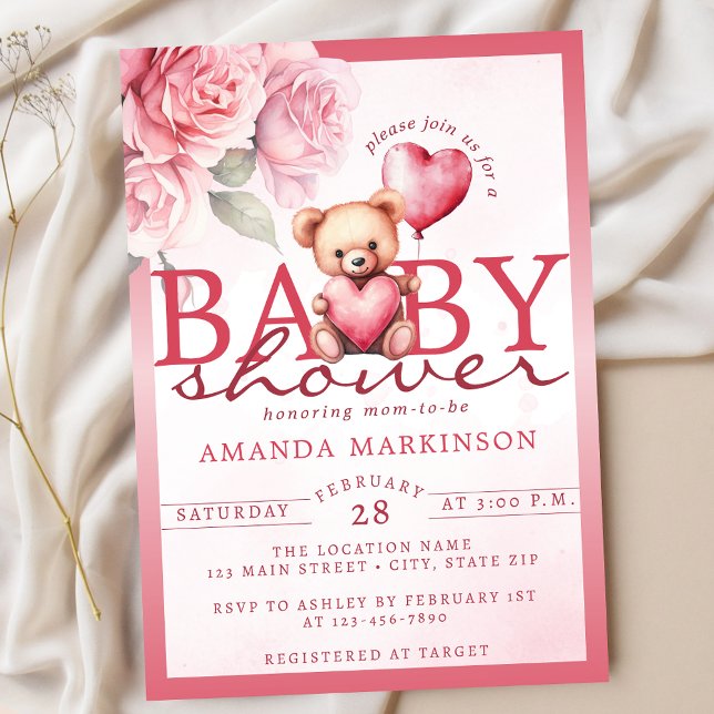 Pink Watercolor Valentine Teddy Bear Baby Shower Invitation (Creator Uploaded)
