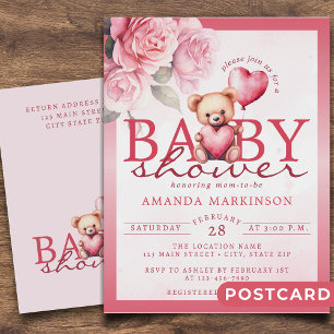 Pink Watercolor Valentine Teddy Bear Baby Shower Postcard