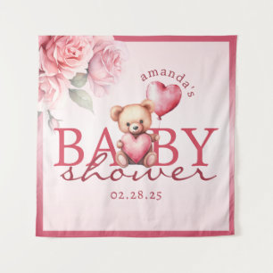 Pink Watercolor Valentine Teddy Bear Baby Shower Tapestry