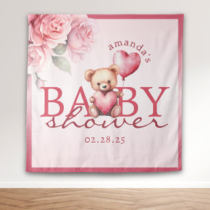 Pink Watercolor Valentine Teddy Bear Baby Shower Tapestry