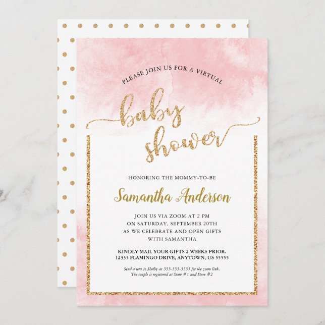 Pink Watercolor Virtual Baby Shower Gold Glitter Invitation (Front/Back)